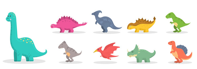 Set of cute dinosaur, brontosaurus and triceratops