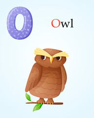 Kids banner with english alphabet letter O and cartoon image of wise forest owl sitting on a branch with leaves