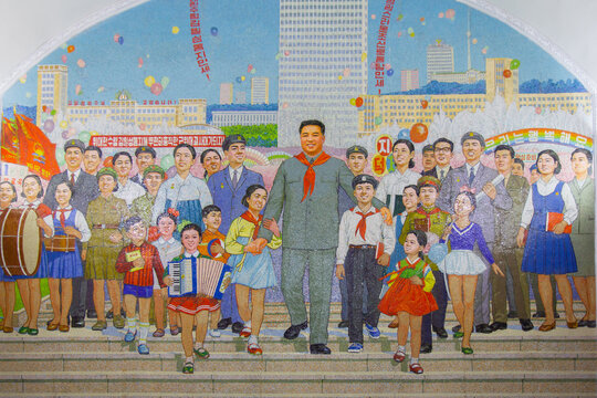 Mosaic at Pyongyang Metro in North Korea. It is built from 1965 to 1987 and it's one of the deepest metros in the world.