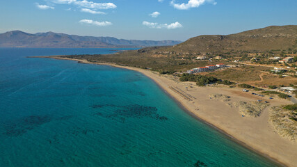Aerial drone photo of not so famous paradise sandy beach of Limnitsa in island of Elafonisos, Peloponnese, Greece