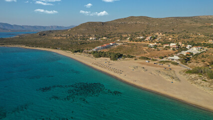Aerial drone photo of not so famous paradise sandy beach of Limnitsa in island of Elafonisos, Peloponnese, Greece