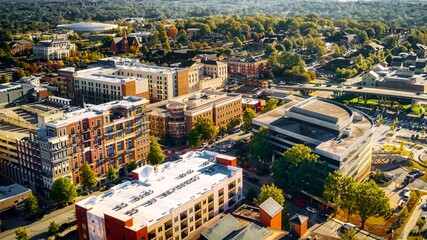 Aerial view of downtown Greenville, SC buildings