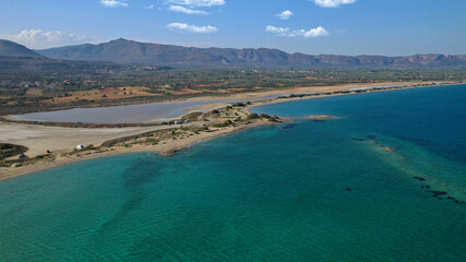 Aerial drone photo of paradise tropical island exotic turquoise sandy bay and beach with calm sea