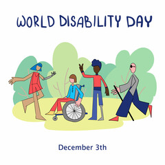 International day of disabled persons - cartoon flat poster with happy people. Vector background with disabled people, young invalid persons World without barriers. Vector illustration for support, di