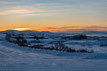 Thingvellir National Park in Iceland at sunrise in winter
