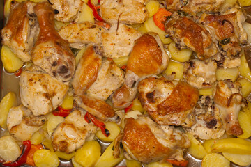 Fried chicken with potatoes. Baking tray with cooked chicken, potatoes, carrots and paprika