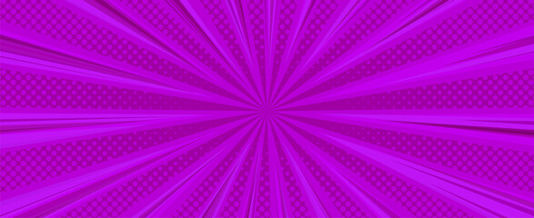 Purple halftone background. Pop art wallpaper template with comic rays and duotone. Vector illustration
