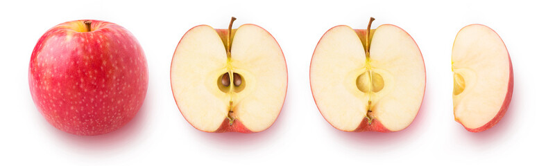 Whole red apple fruit, half and pieces in a row, flat lay, isolated on white background