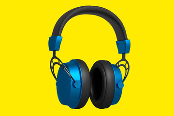 3D rendering of blue gaming headphones for cloud gaming and streaming on yellow