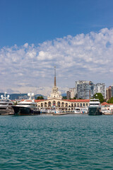 SOCHI, RUSSIA - JUNE 1, 2021: Sochi sea port in the afternoon. Sochi Marine station at Russian south resort.