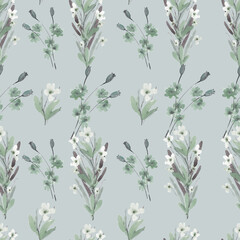 watercolor illustration seamless pattern ,botanical print of wild watercolor flowers on light background,for wallpaper,fabric or furniture