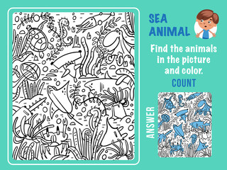 Find sea animals. Games for children. Hidden Objects Puzzle. Funny cartoon characters. Vector illustration.