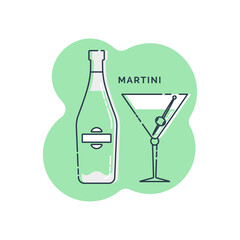 Bottle and glass martini line art in flat style. Restaurant alcoholic illustration for celebration design. Design contour element. Beverage outline icon. Isolated on shape background in graphic style