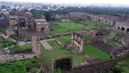 5th Sep 21, Golkonda fort, Hyderabad, India.  Aerial view of Interior of historic Golkonda Fort