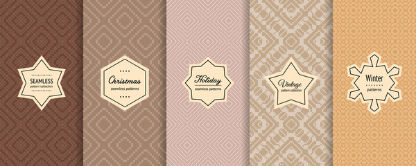 Christmas vector seamless patterns collection. Set of cute modern holiday background swatches with elegant vintage labels. Winter Nordic Scandinavian style ornament textures in trendy pastel colors
