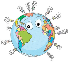 Global antivirus immunization with several vaccines in syringes, vector cartoon illustration isolated on a white background