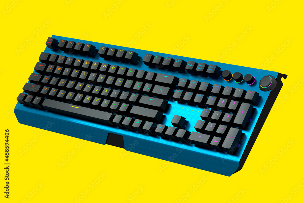 Poster blue computer keyboard with rgb colors isolated on yellow background.