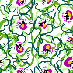 Naklejka premium Flower silhouettes. Line drawing, Flat design modern trendy style. Floral seamless pattern. Spring nature ornament. Decorative abstract botanical plants.