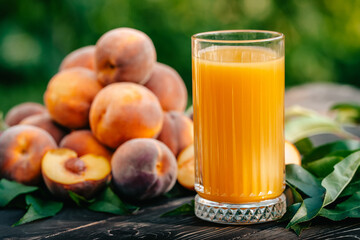 Healthy breakfast - ripe peaches, croissants and glass of freshly squeezed juice on table. Vegetarian food, vitamins, summer harvest from fruit tree.