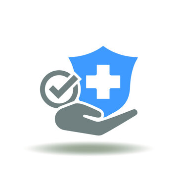 Vector illustration of hand hold shield with medical cross and check mark. Symbol of health safety. Icon of insurance.