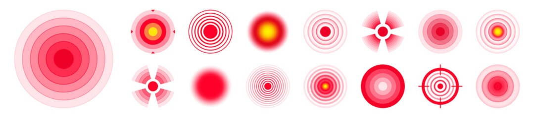 Pain localization marks. Painful area, aching spot. Red circles, targets. Headache, bruised body part marker. Back, neck, muscle pain symbol. Healthcare ad, medical information. Vector illustration.