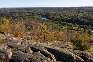 Mount Hiidenvuori, taiga landscape. Its top offers breathtaking panoramic views of the picturesque surroundings.  View of Ladoga Skerries National Park and the Yanisjoki River, Karelia