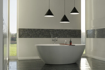 3d rendering of precious white bathroom with black mosaic tiles at wall