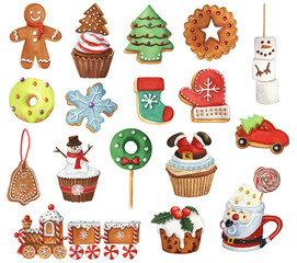 Watercolor Christmas Sweets and Drinks Clipart. Winter Hot Drinks, Ginger House, Train, Truck Illustrations. Christmas Candy, Cake, Cookies.