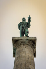 Famous Pobednik (The Victor) monument in Kalemegdan foretess in Belgrade during golden hour