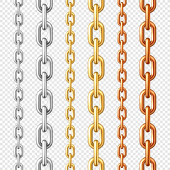 Realistic seamless golden, silver and bronze chains on checkered background. Metal chain with shiny gold plated links. Vector illustration.