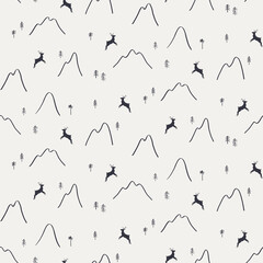 Mountains, trees, reindeer silhouette, minimal winter seamless pattern, black on gray background. Hand drawn vector illustration. Design concept for kids textile, fashion print, wallpaper, packaging.