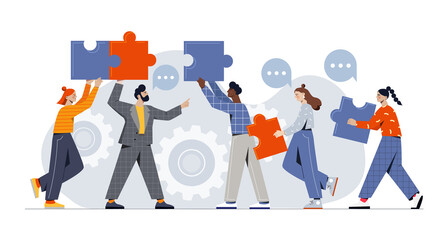 Male and female characters are assembling puzzle parts together on white background. Concept of business teamwork, cooperation, partnership. Flat cartoon vector illustration