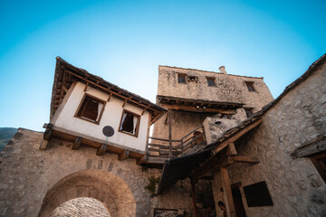 View of the famous city center in Mostar on a sunny day, touristic famous attraction in Bosnia and...
