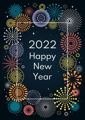 Colorful fireworks 2022 Happy New Year, bright on dark background, with text. Flat style vector illustration. Abstract geometric design. Concept for holiday greeting card, poster, banner, flyer.