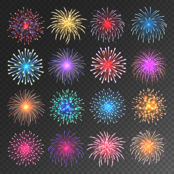 Colorful festive fireworks collection. Realistic firework, sparkling fire burst. Bursting firecracker rockets. Christmas or New Year celebrating. Vector illustration.