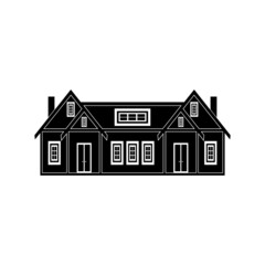 A large house with many windows, two doors and two floors on a white background.