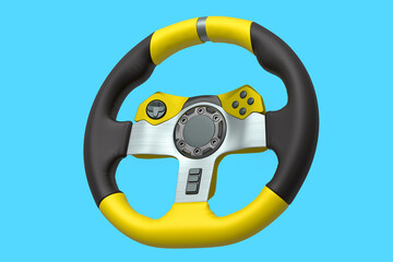 Realistic leather steering wheel isolated on a blue background.