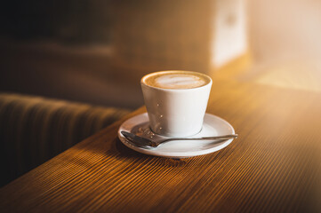 Close up white coffee cup. White Espresso cup in cafe.