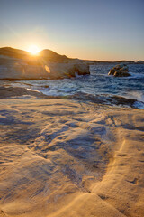 The white cliffs of Sarakiniko Beach at sunset, Milos, Greece