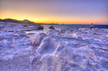 The white cliffs of Sarakiniko Beach at sunset, Milos, Greece