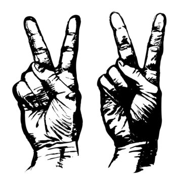 Hand Drawn Gesture Two Fingers Up. Peace and Victory Symbol. Black Contour Vector Illustration Isolated on White.