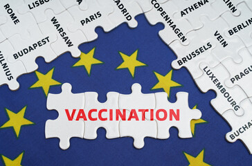 Fototapeta premium The EU flag has city name puzzles and puzzles with the words - vaccination