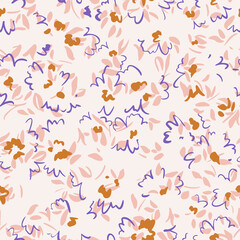 Minimalistic floral seamless pattern. Outline contour lines forming flower petals and buds in bloom. Simple geometric shapes as curved lines and brush strokes. Sketch drawing. Spring nature ornament.