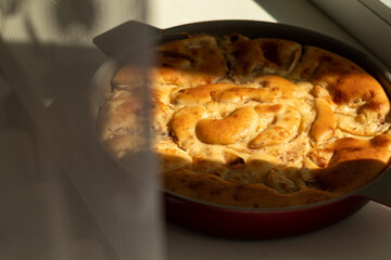 Apple pie with cinnamon in contra sunlight in a blurry foreground.