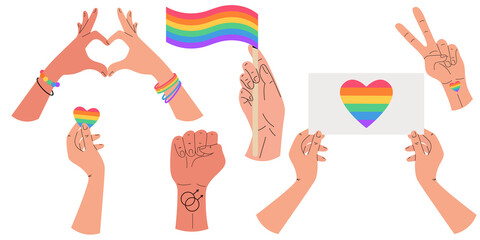 Rainbow hands up gay pride parade.Celebrating Pride.LGBT community.Flat horizontal vector illustration is isolated on a white background.Eps 10