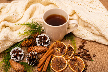 
Beautiful stylish christmas composition with a cup of tea, cinnamon and pine cones
