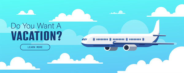 Flying airplane. Banner or flyer for travel and vacation design. Day sky. Vector illustration.
