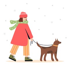 Young woman in a scarf and coat on a walk with the dog. Female character is walking the dog. Girl on a walk in winter weather. Cute illustration. Vector on white isolated background.