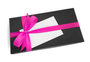 Black gift box (present) with pink satin ribbon bow and a blank card with copy space, isolated on white background