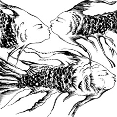 Graphic image of fishes with human face. Vector Illustration